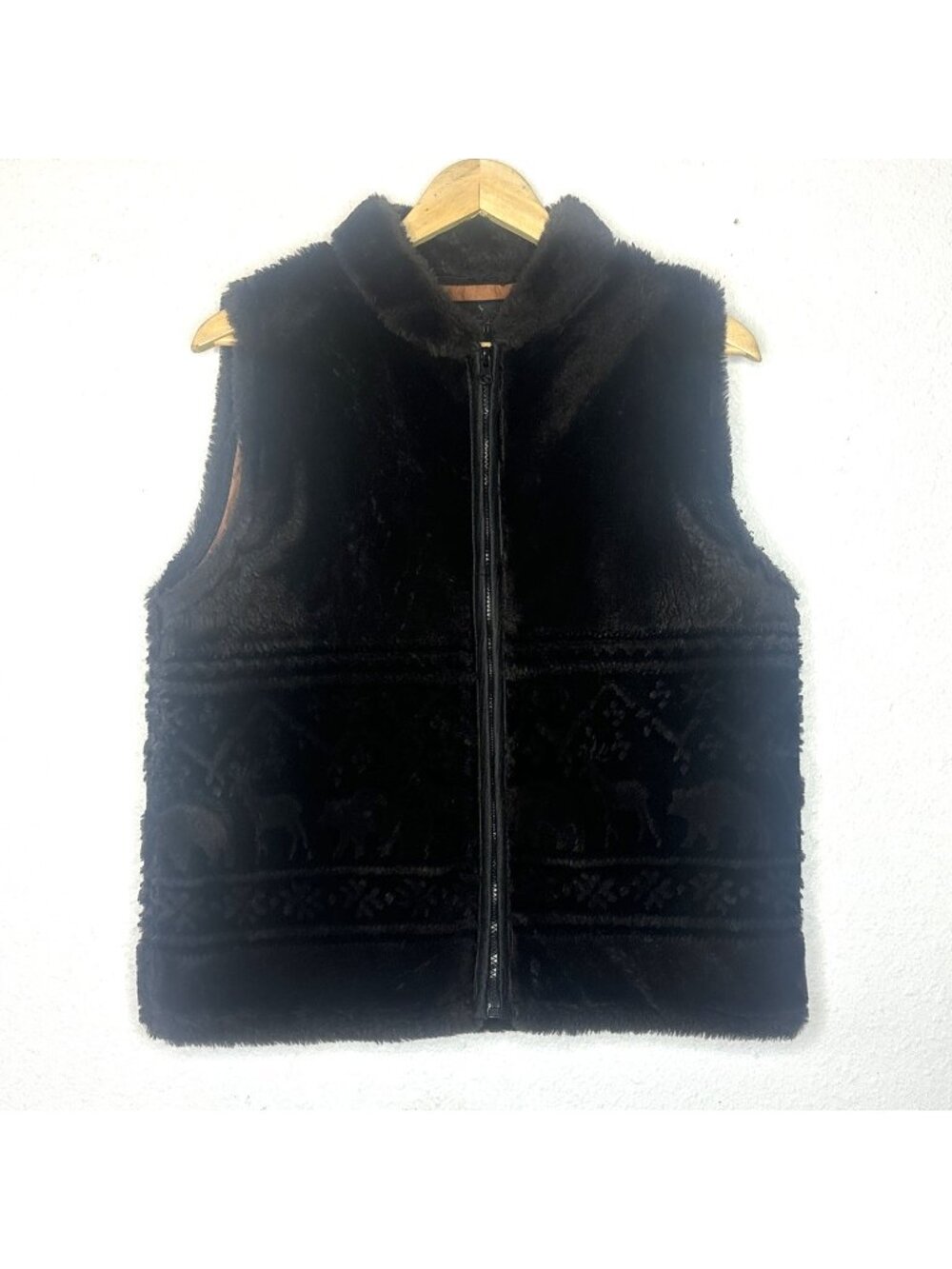 Bear Ridge Womens M Black Sherpa Fleece Vest Bear Deer Mountain USA Full Zip